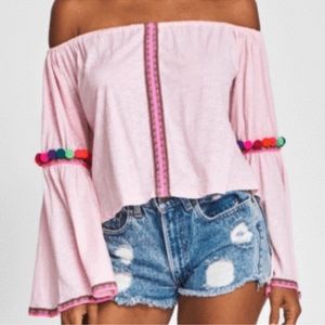 Pitusa pink bell sleeves pom pom shirt size OS